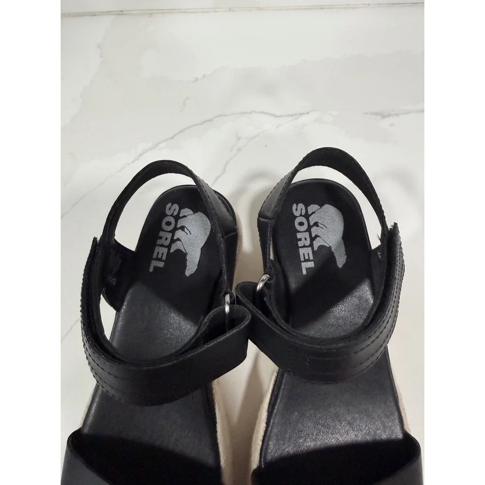 Sorel Cameron Flatform Espadrille Sandals Black Leather Platform Womens